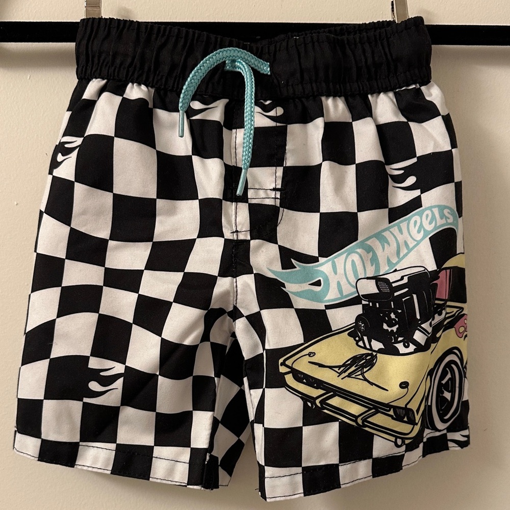 Boys' Black & White Check Swim Trunks with Turquoise Drawstring